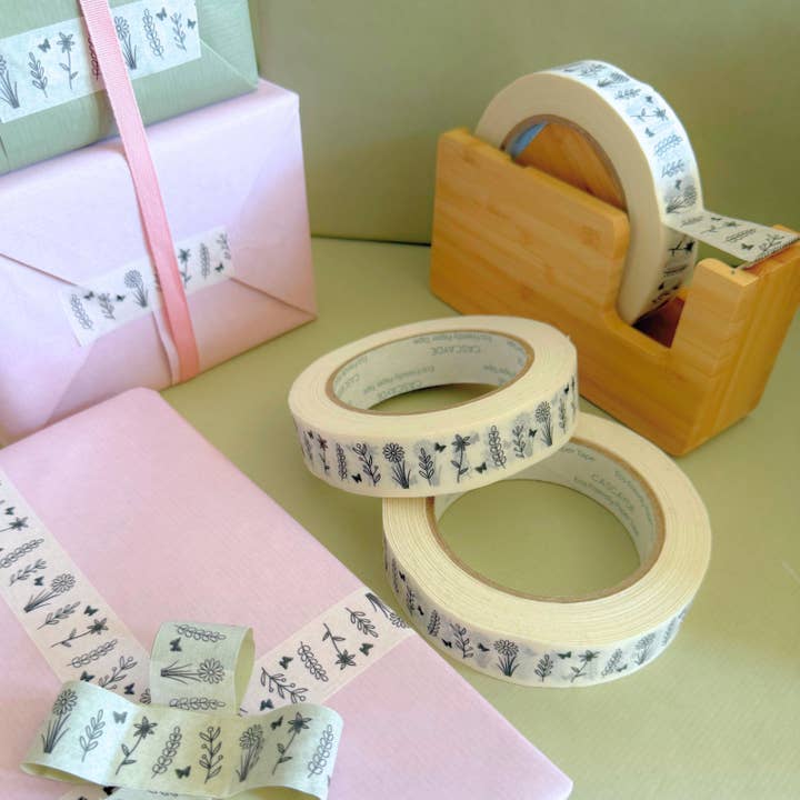 Cascayde - Vendita all'ingrosso Nastri adesivi - Nastro di Carta con Fiori e Farfalle 24mm - Nastro da Imballaggio Ecologico