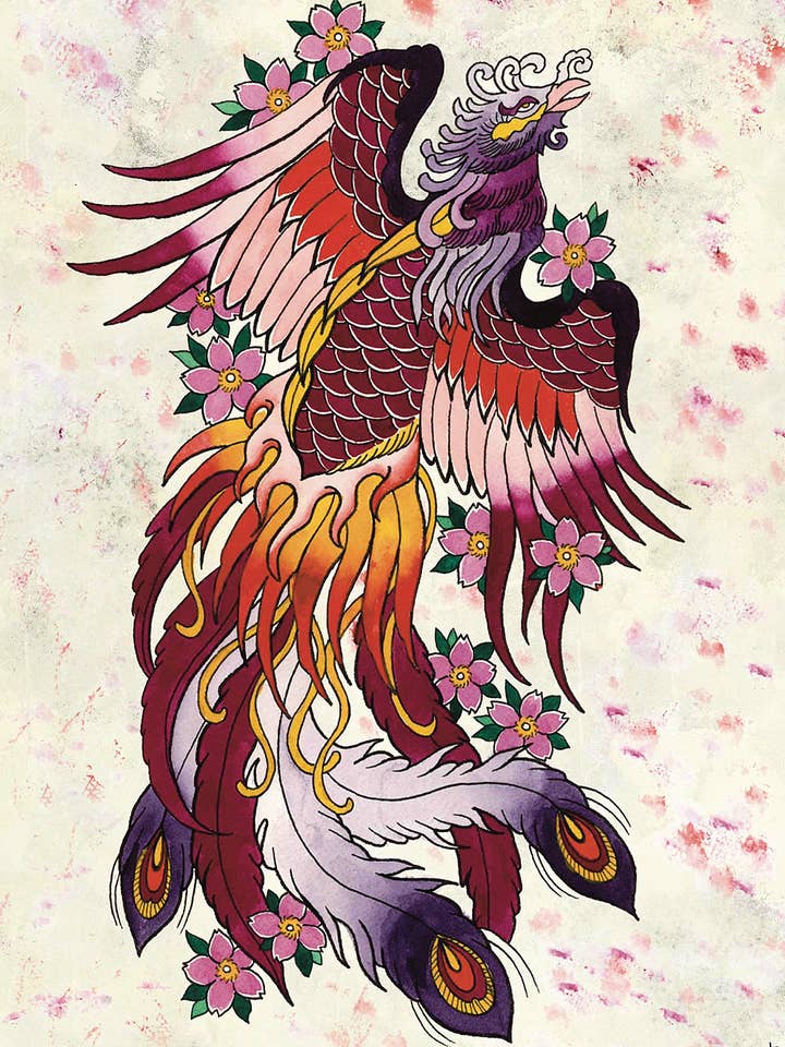 Stampa ad acquerello Phoenix (12,7 x 17,8 cm) - Cartolina con tatuaggi giapponesi per la vendita all'ingrosso da parte di LOR&INK
