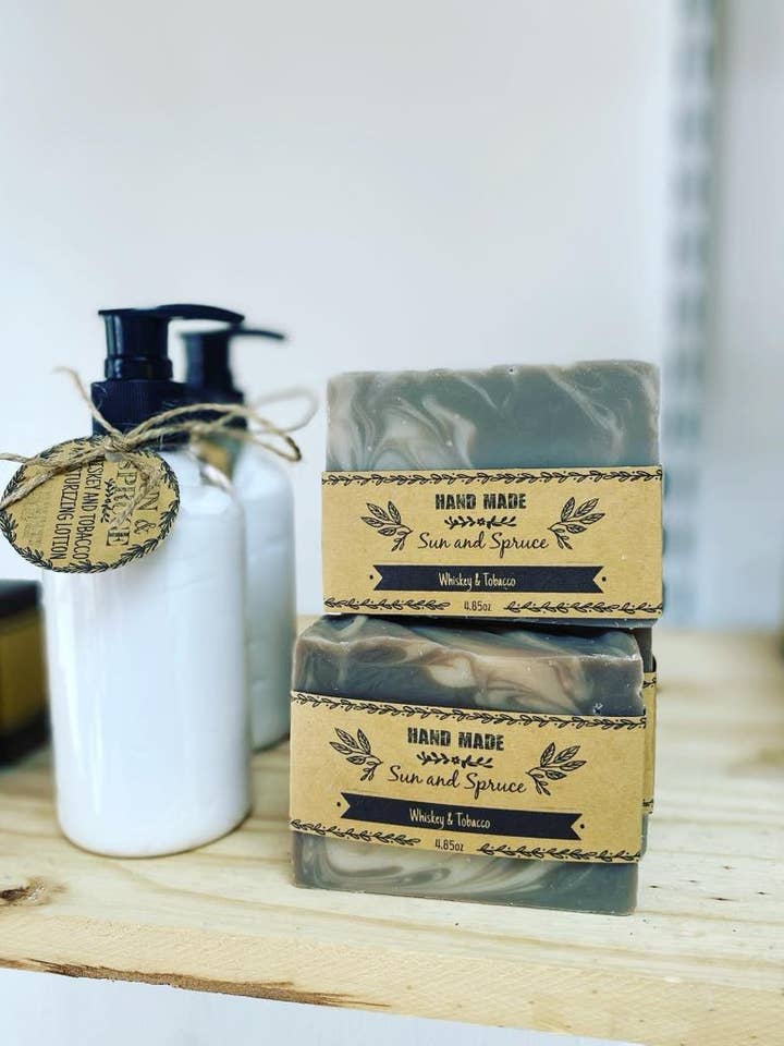 Whiskey & Tobacco Handmade Soap for wholesale by Sun & Spruce Soaps
