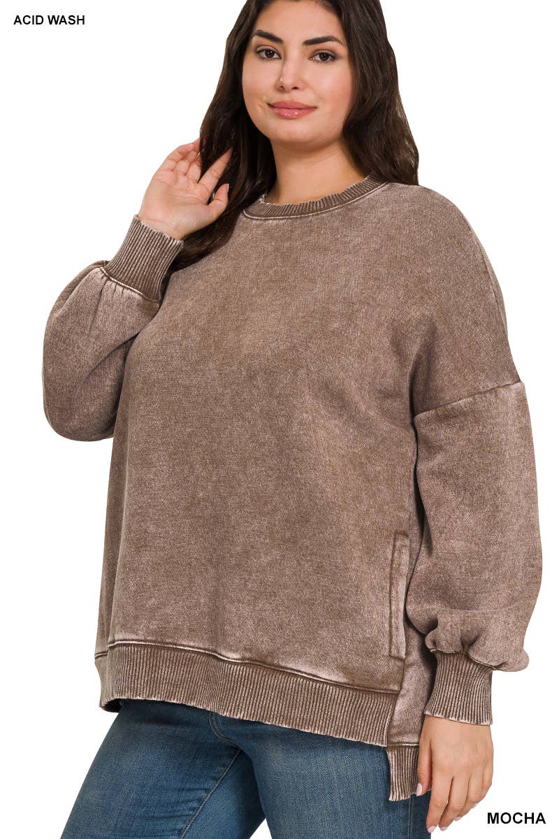 42POPS - Wholesale Sweatshirt - Women's - .Plus Acid Wash Fleece Hi Low Hem Pullover With Pockets9