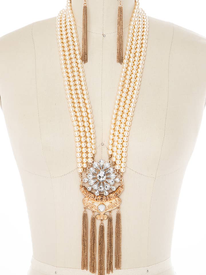 Pearl Chain Tassels Statement Necklace Set for wholesale by Artini Accessories