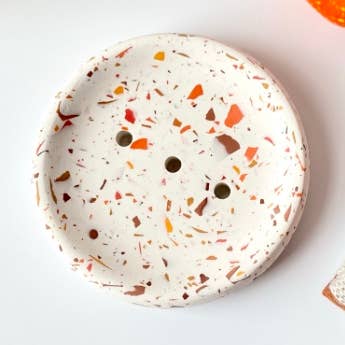 Jesmonite Terrazzo White Soap Dish| Soap Dish With Drain for wholesale by AlphaGrayArt