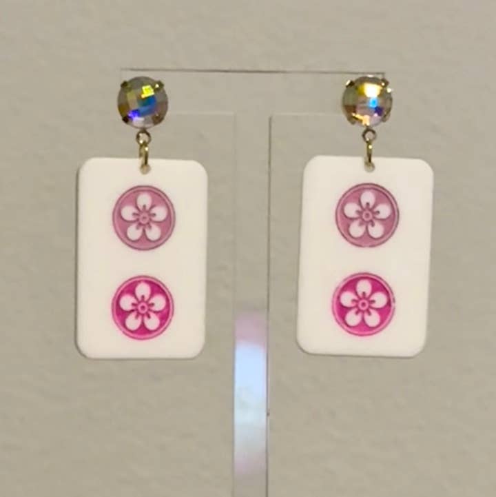 Louie Love - Wholesale Dangle Earrings - Acrylic Pink Mahjong Game Social Club Girls Earring1