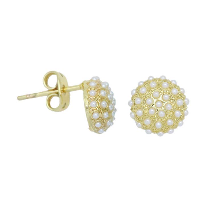 Orecchini a bottone a forma rotonda in oro perlato bianco, Sku #LX695 per la vendita all'ingrosso da parte di BestBeads&Beyond