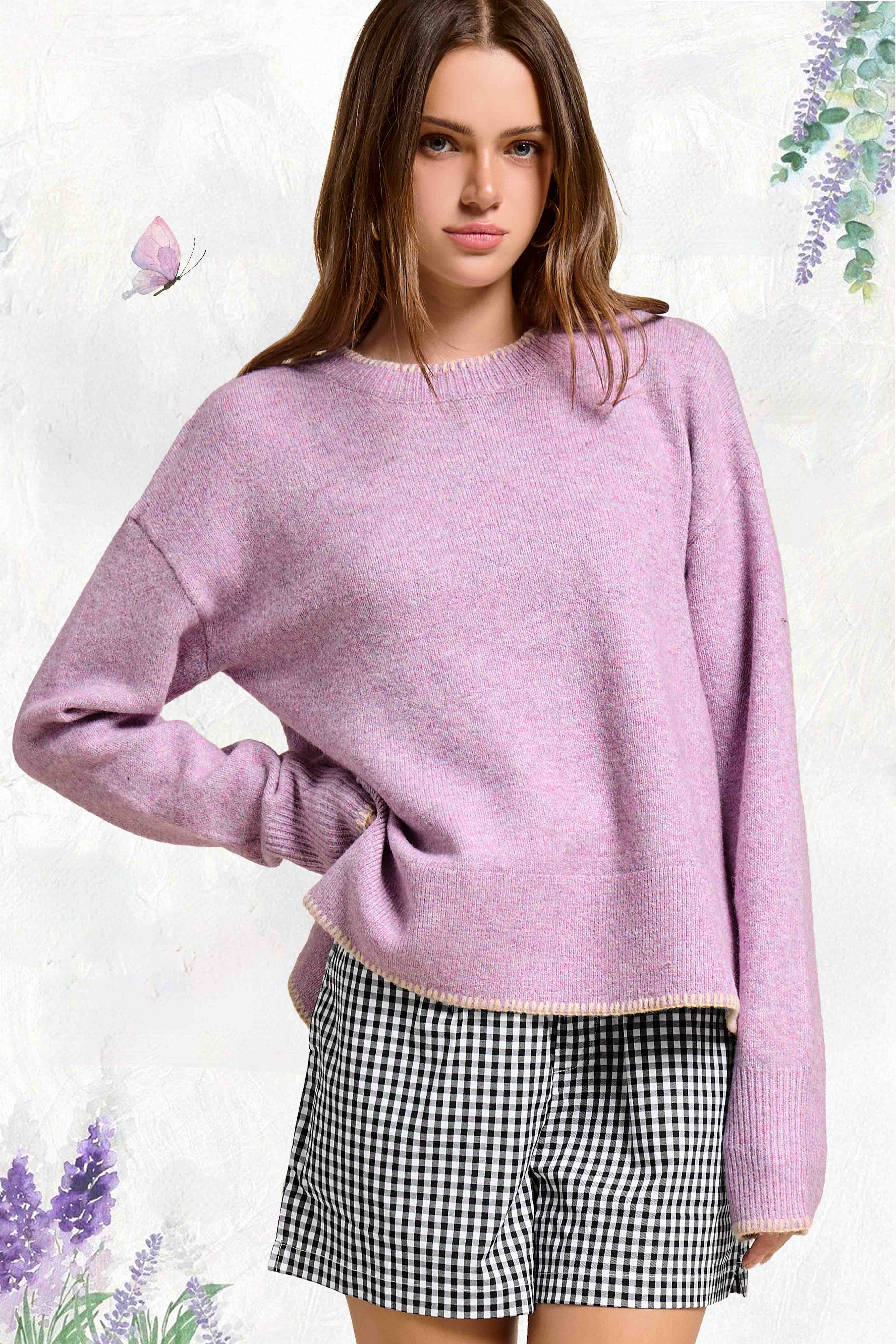 La Miel - Wholesale Knit Sweater - Women's - JDS3607-Hi-Low Crew Neck Sweater W/ Contrast Blanket Stitch38