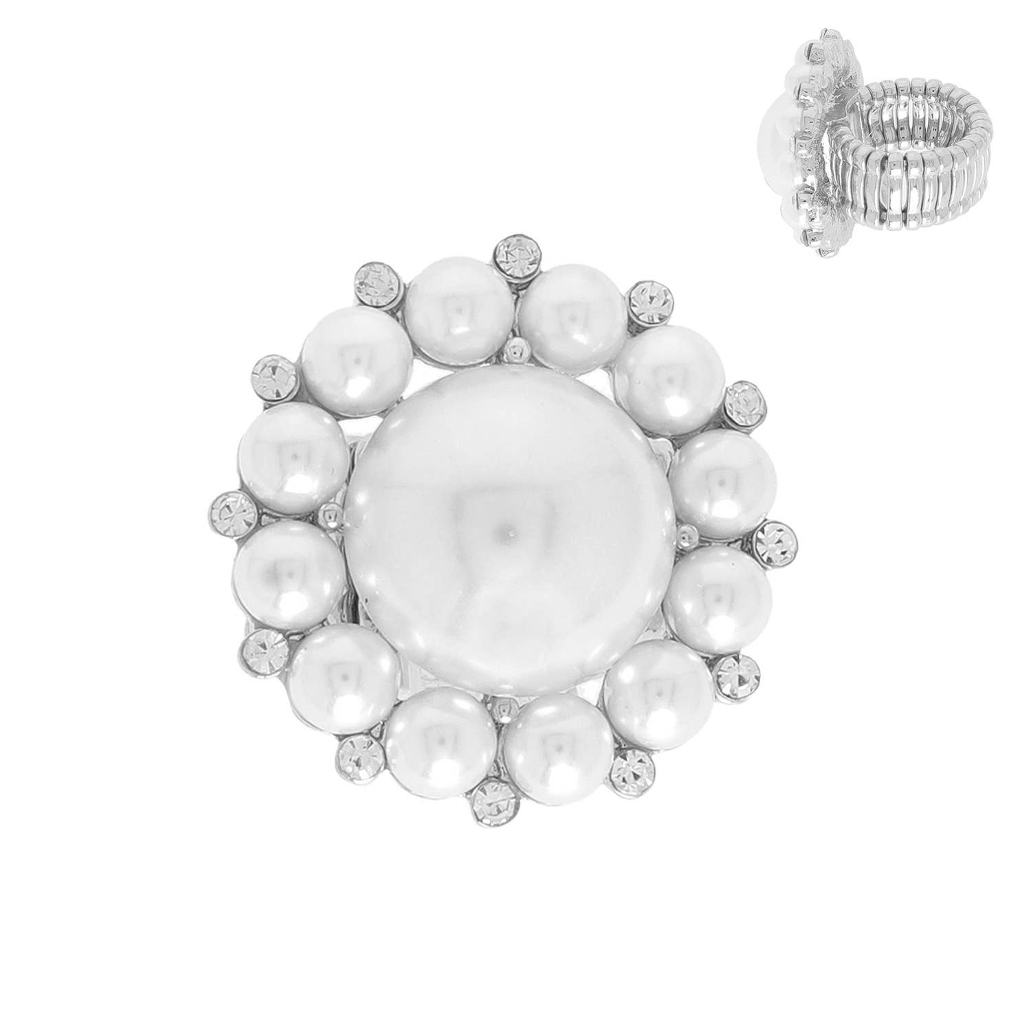 SP Sophia Collection - Wholesale Cocktail/Statement Ring - Vintage Crystal & Pearl Statement Stretch Ring2