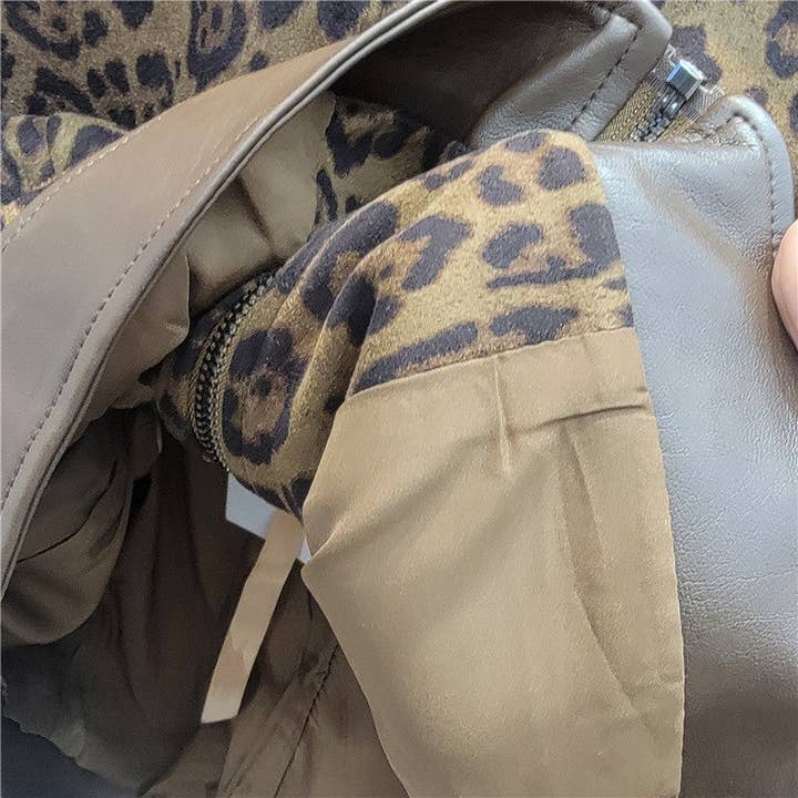 Coffee M290 2025 Fall Women’s Leopard PU Leather Short Jacket for wholesale on Faire4