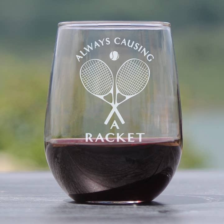 Causing a Racket Stemless Wine Glass - Tennis Gifts for wholesale by bevvee
