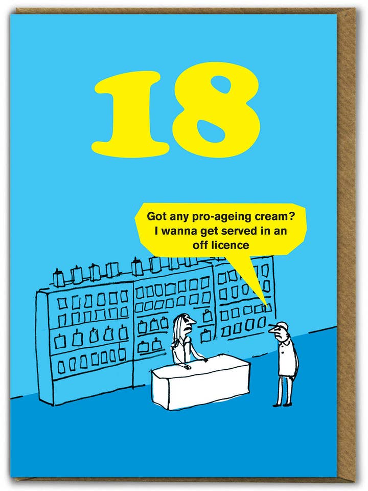Sjovt 18-års fødselsdagskort ProAge lykønskningskort af Modern Toss for engroshandel hos Brainbox Candy