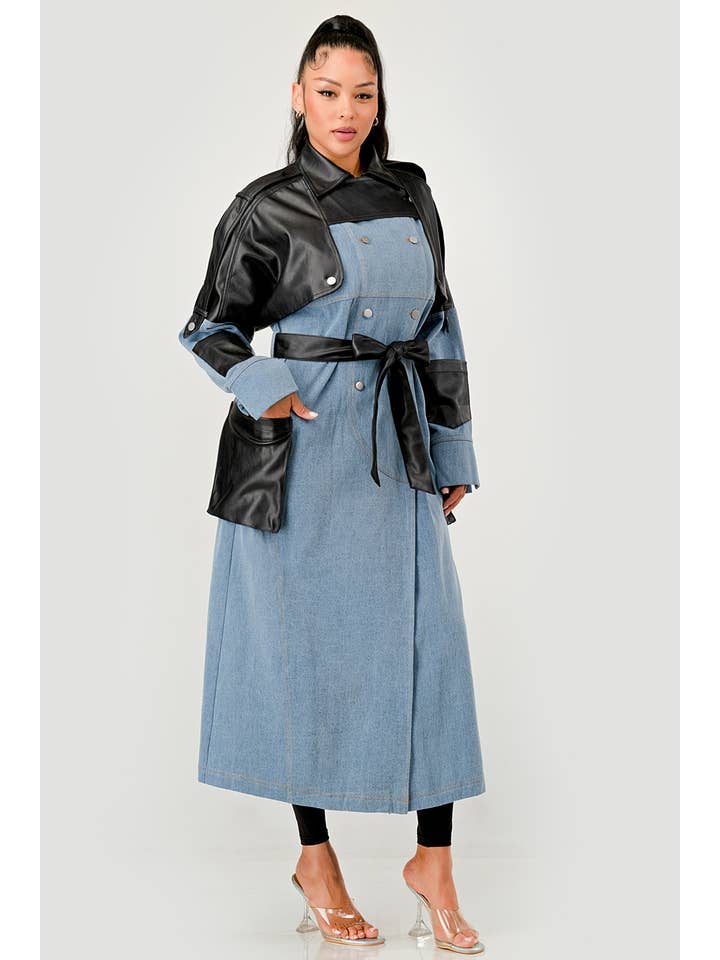 Athina Collection - Wholesale Trench Coat - Women's - PLUS SIZE Two-Tone Denim & Faux Leather Trench Coat3