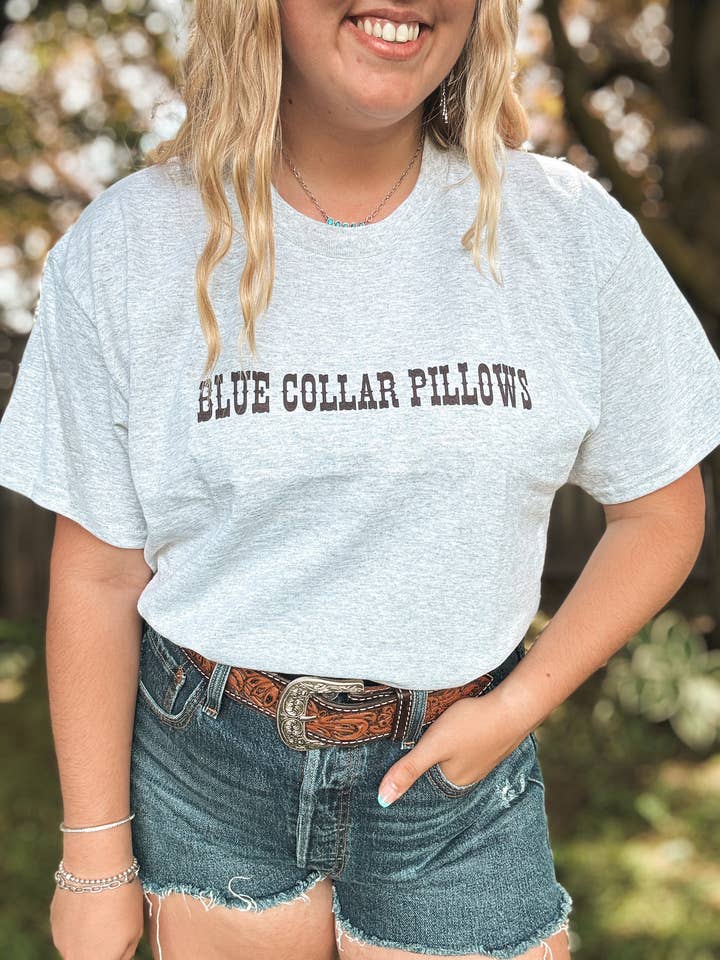 Blue Collar Pillows Tee for wholesale by Hides and Kinds
