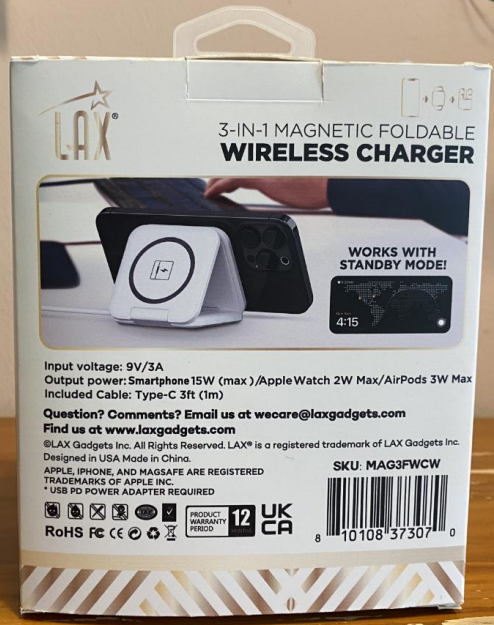 LAX Gadgets – wholesale Charging dock – MagSafe 3-in-1 Foldable Wireless Charging Stand- Retail Pack8