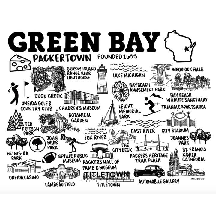 Green Bay Wisconsin Kort Print Hvid for engroshandel hos Whereabouts Shop