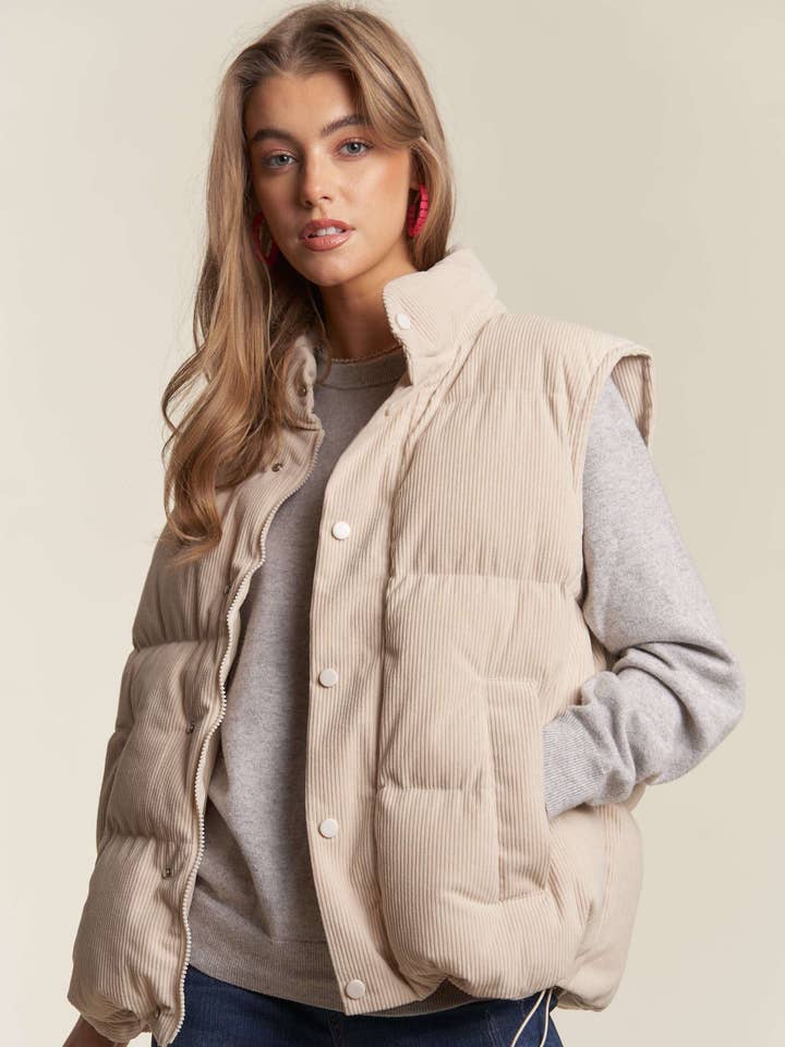 CEJ3455 - BUTTON DOWN CORDUROY PUFF VEST for wholesale by ADORA LA