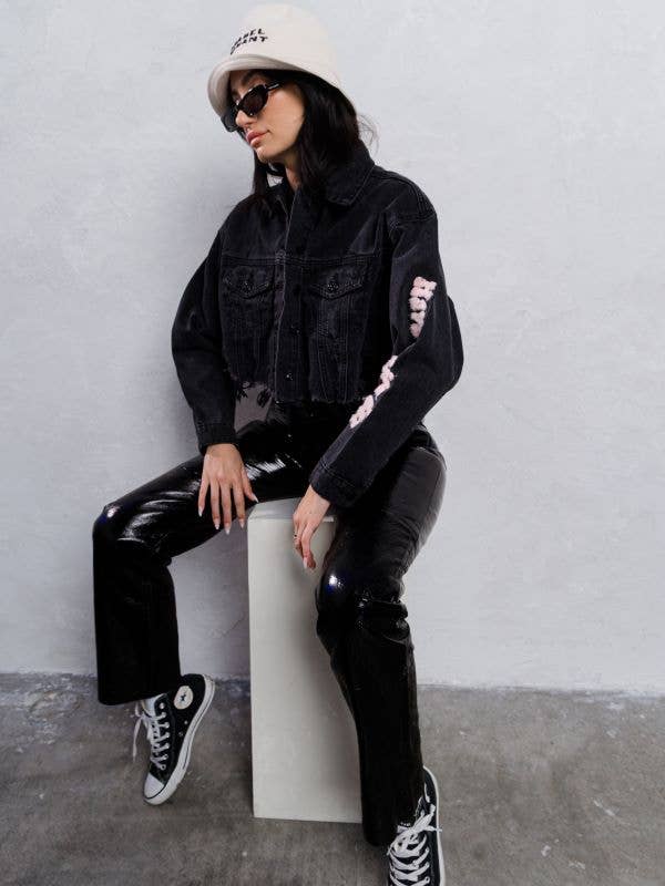 Trio Urban - Vente Veste en jean – femme - Veste courte en jean rose Smiley Face16