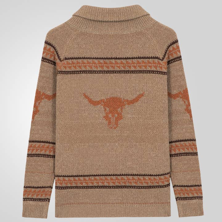 Khaki Southwestern vintage longhorn knit sweater zip-up jacket for wholesale on Faire1