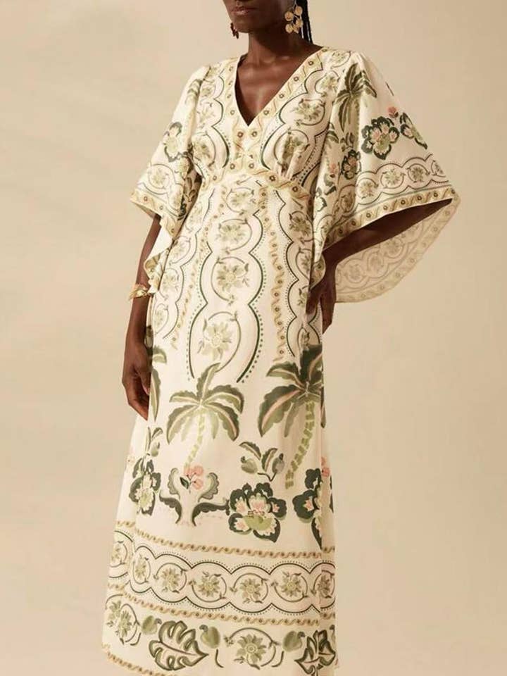 EmberLoom - Wholesale Dress - Women's - Palm Print V-Neck Midi Dress2