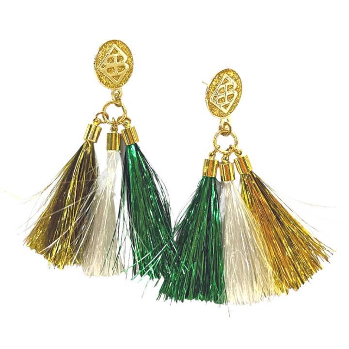 Metallische Jumbo-Quastenohrringe in Grün, Weiß und Gold für den Großhandel von Brianna Cannon