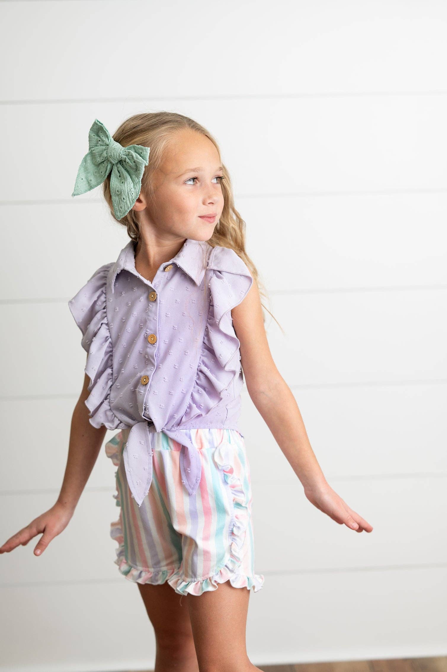 Wren & James - Wholesale Top & Short Set - Kids - Kids Lavender Ruffle Top & Pastel Stripe Spring Short Set7