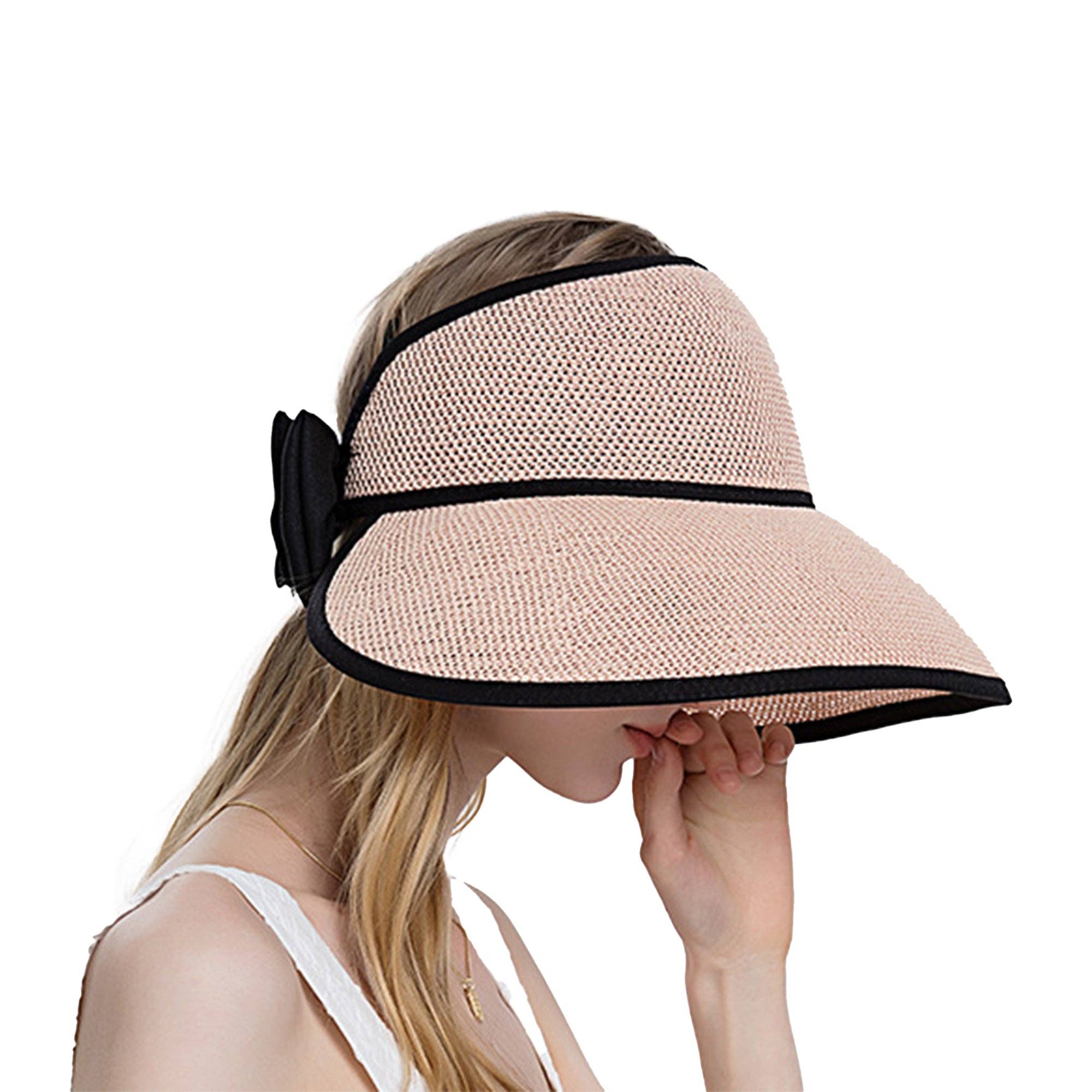 AK Brand – wholesale Visor – Women's – Women Roll-Up Straw Sun Visor with Bow Detail Adjustable Hat1
