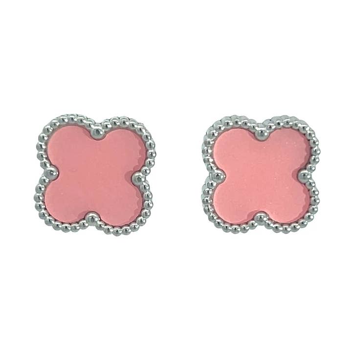 Pendientes de trébol de cuatro hojas rosa, color plateado para venta al por mayor de Byzantium Collection Ltd