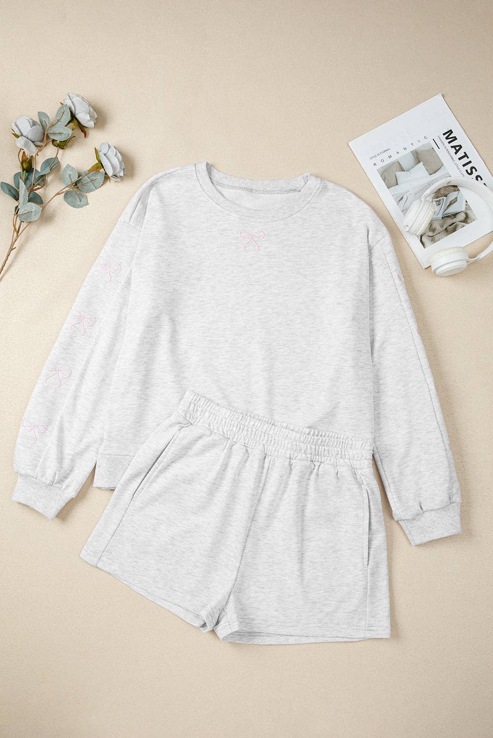 Light Grey Girly Bow Embroidered Detail Puff Sleeve Pullover 2pcs Short Set for wholesale on Faire0