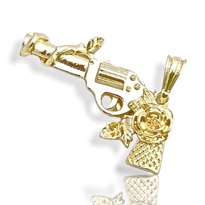 Revolver Pistol With Roses on Grip Handle in 14k of Gold Layering for wholesale by Raf Rossi Gold Plated