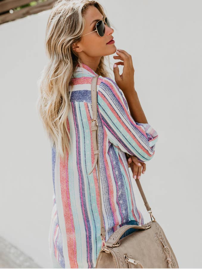 PURPLE FASHION CONTRAST COLOR STRIPED FASHION SHIRT for wholesale on Faire