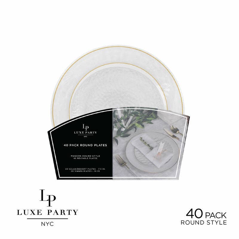 Luxe Party - Wholesale Disposable Plate - Round Clear and Gold Plastic Plates Set | 40 Pack