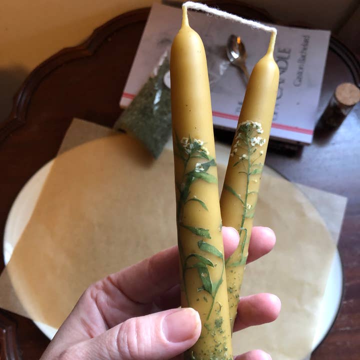Moth and Candle - Wholesale Tapered Candle/Candlestick - Handmade Beeswax 6" Taper Floral Candle: From the Garden1