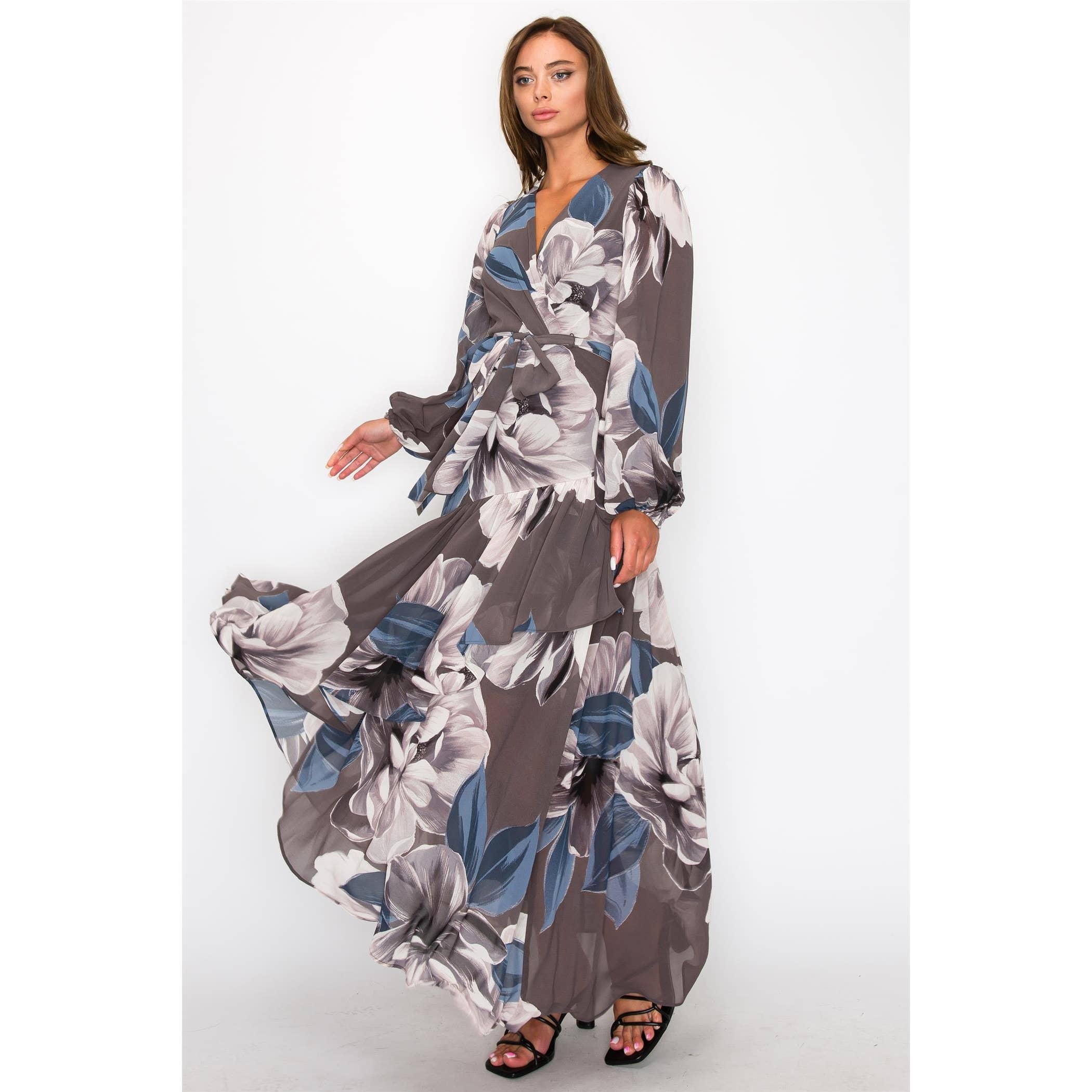 HYFVE - Wholesale Dress - Women's - CHIFFON FLORAL LONG SLEEVE WRAP V-NECK MAXI DRESS0