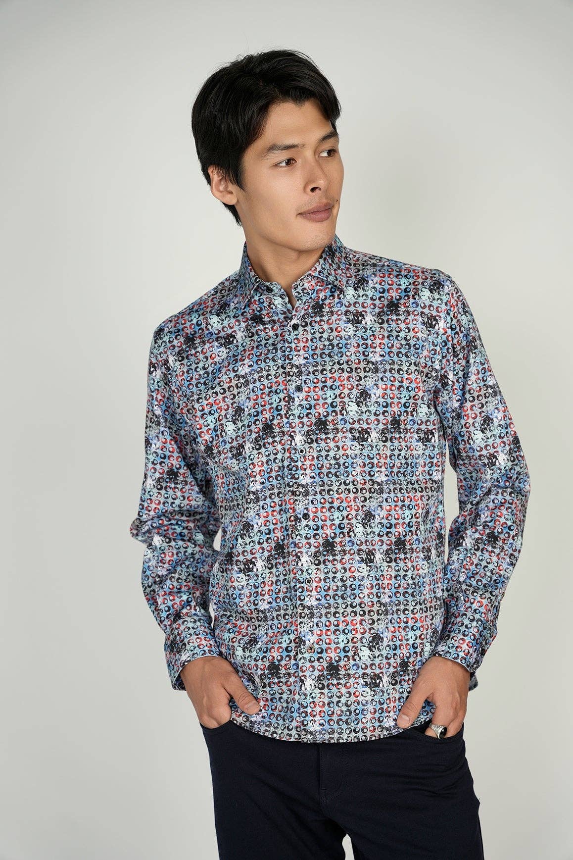 Luchiano Visconti – wholesale Buttoned-down shirt – Men's – Teal and Blue Circular Shapes Signature Collection (Big & Tall)0