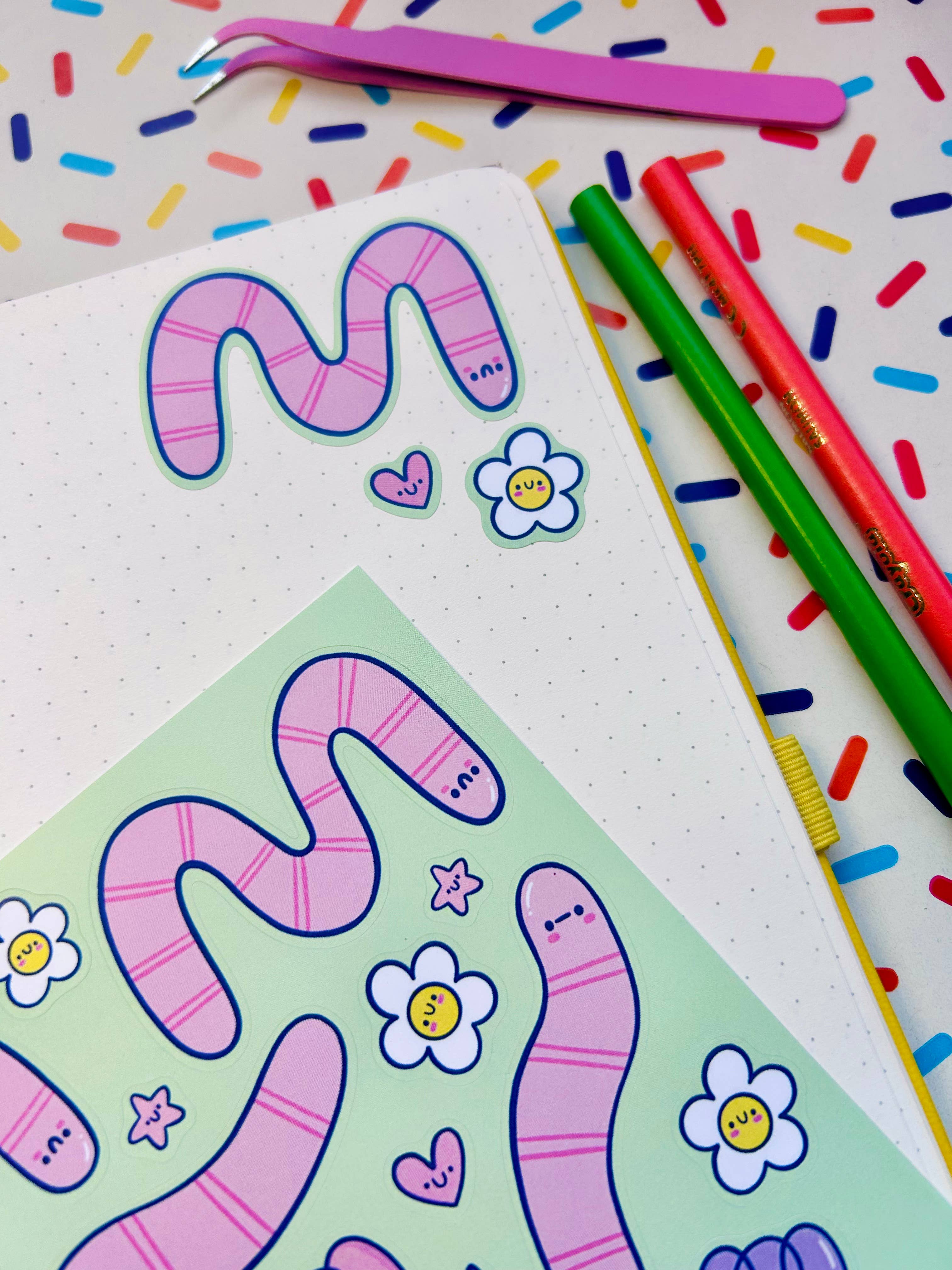 Kellylou – wholesale Sticker – Spring Worms Vinyl Sticker Sheet1