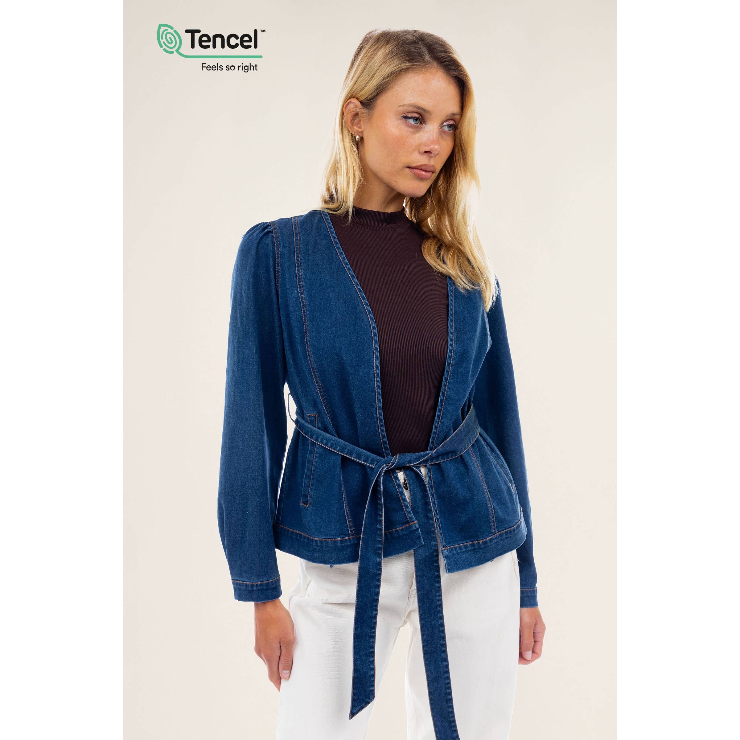 Naked Zebra - Wholesale Jacket - Women's - Deep V Tencel Jacket With Waist Tie