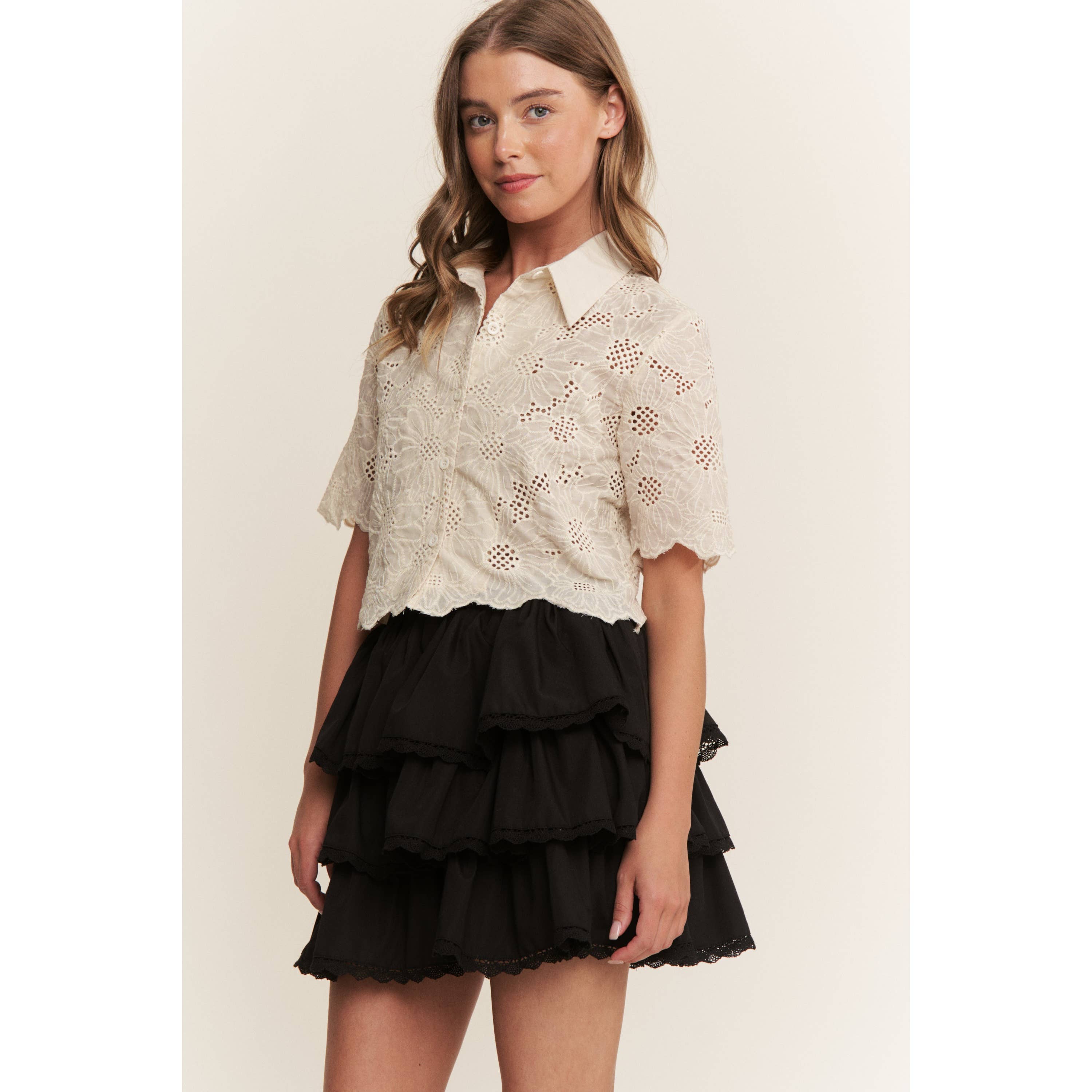 Black WESTERN SOLID MINI TIERED SHIRRING SKIRT SKORT for wholesale on Faire2