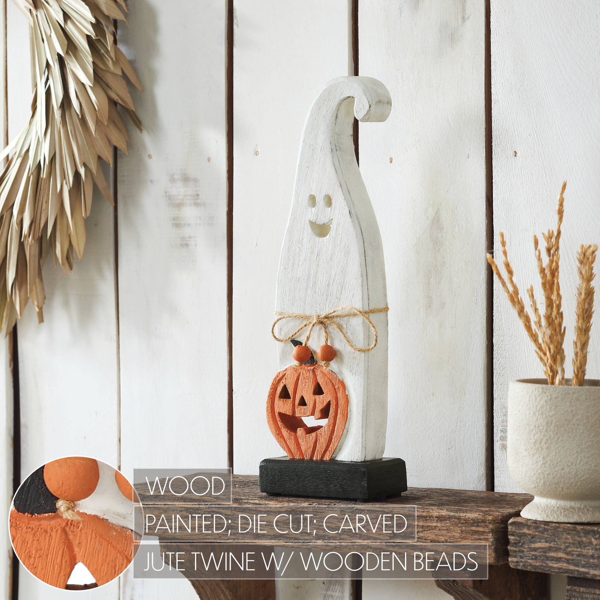 VHC Brands - Vente Décorations de table - Figurine décorative fantaisiste en bois de citrouille Jack O Lantern fantôme pour table, accent festif d'automne pour Halloween, 12,5 pouces1