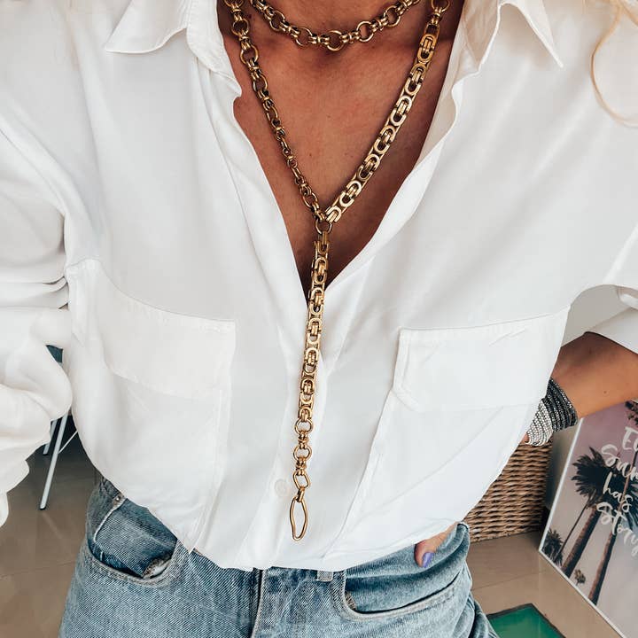 Goupi - Wholesale Jewelry Set - Gold chunky chain choker and lariat necklace3