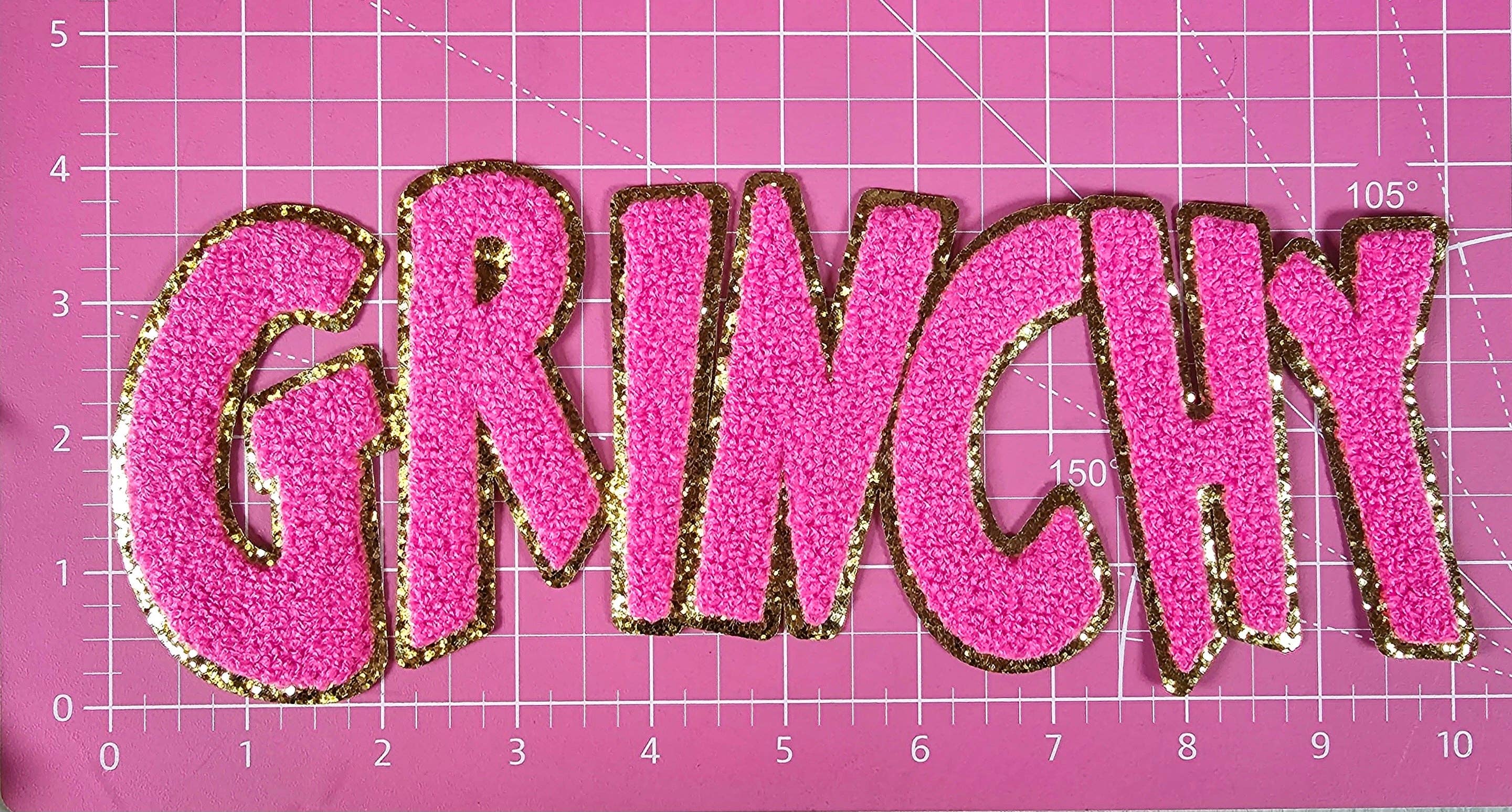 Scratch Decor - Wholesale Patch - Grinchy Word Chenille Gold Glitter Iron-on Patch6