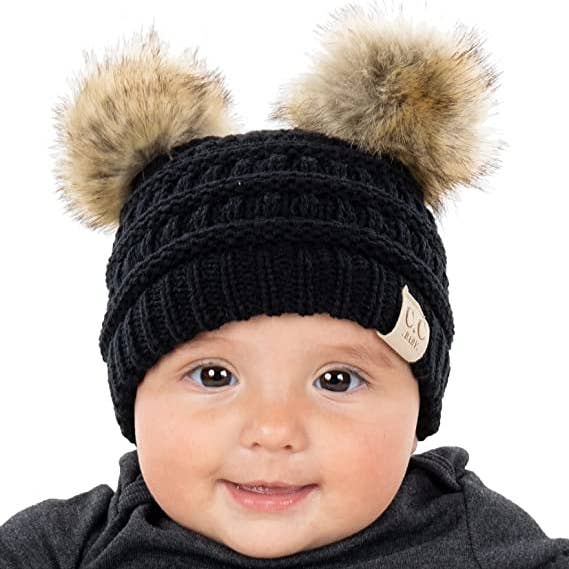 Funky Junque - Wholesale Beanie - Kinderen - Baby dubbele muts met pompon van imitatiebont (zwart)0