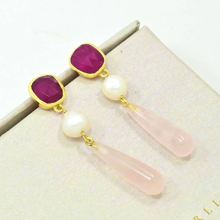 Schmuckoo Berlin - Wholesale Dangle Earrings - Scarlett Earring Gold Plated - Pearl Rose Quartz & Pink Jade