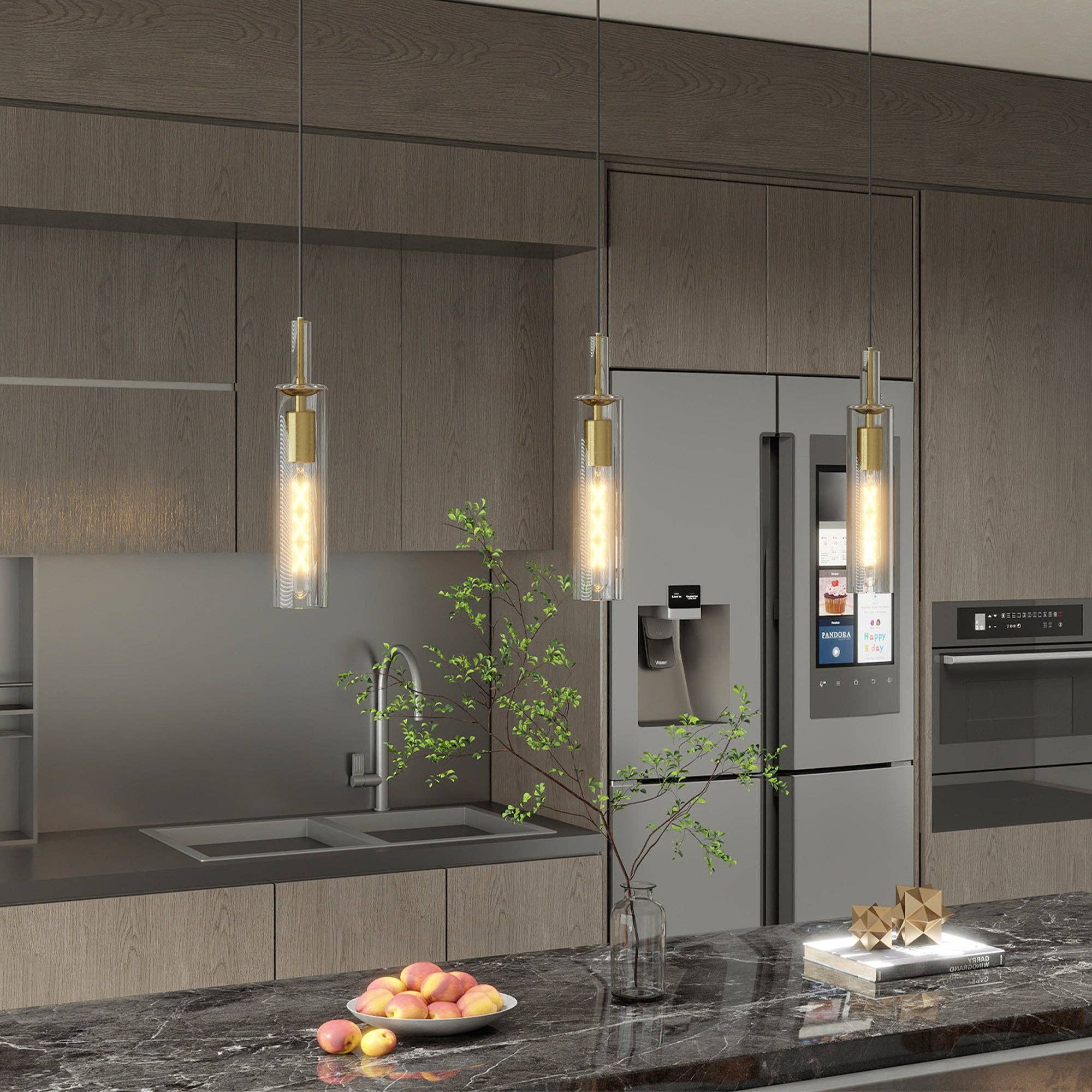 39F Inc. - Vente Lustre/Suspension - Lot de 3 suspensions dorées style ferme moderne avec abat-jour en verre0