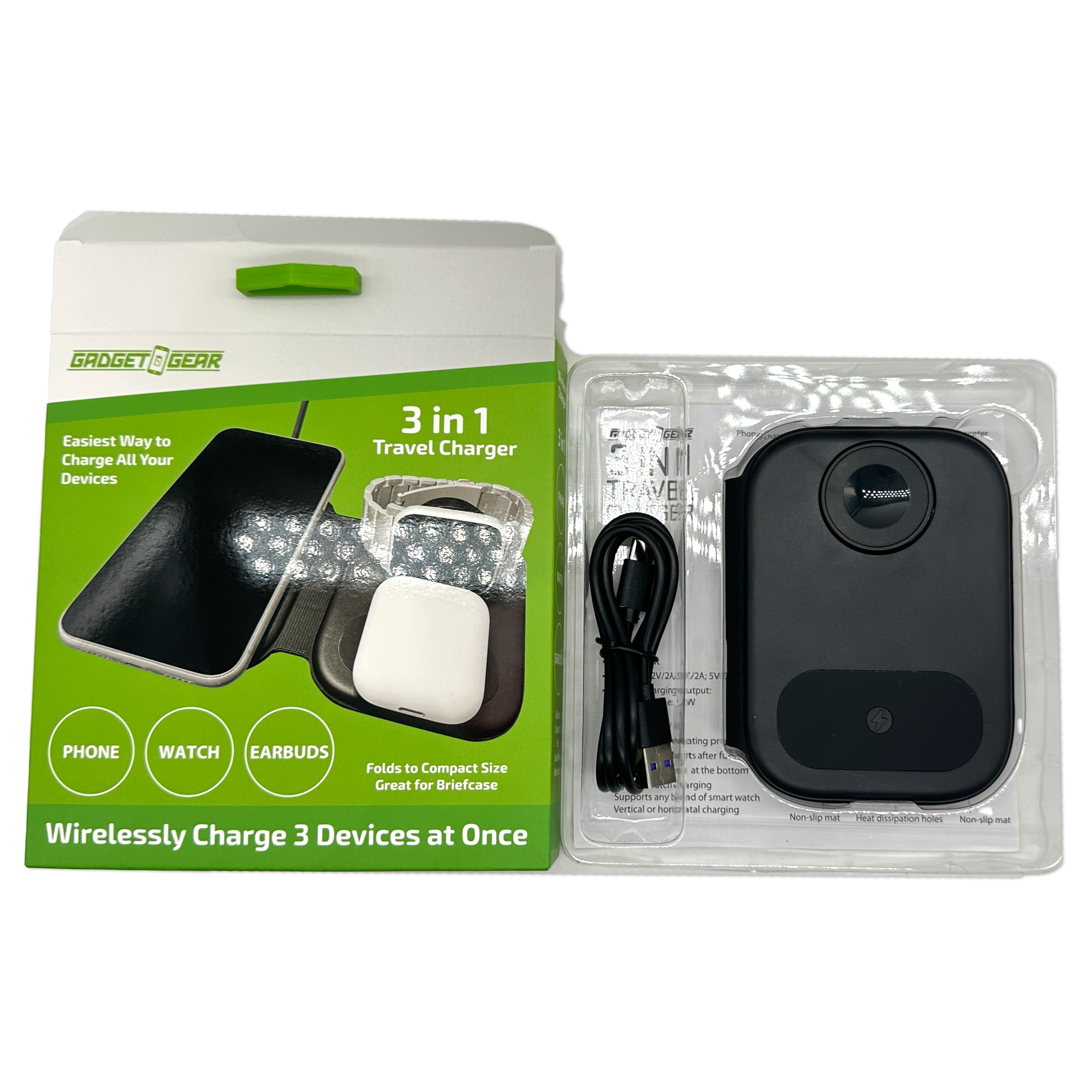 Novelty Closeout - Wholesale Portable Charger - Gadget Gear 3-IN-1 Wireless Travel Charger- 4/Pack1