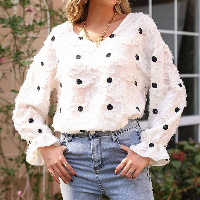 Apricot Long Sleeved V-Neck Polka-Dot Shirt for wholesale on Faire