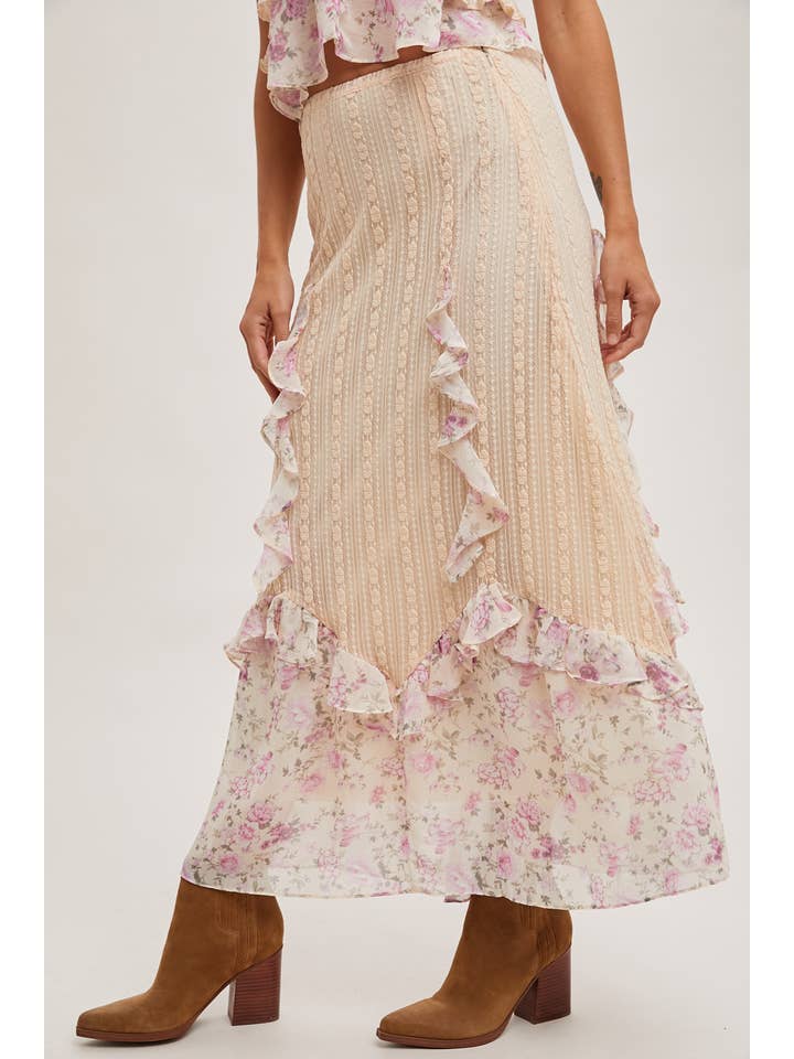 Bluivy - Wholesale Skirt - Women's - FLORAL PRINT TRIMMED MAXI LACE SKIRT WITH LINING