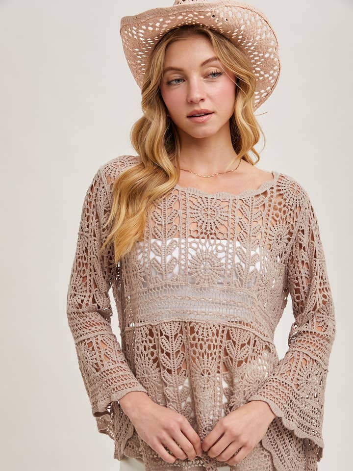 Bluivy - Wholesale Knit Top - Women's - CROCHET SHEER BELL-SLEEVE PULLOVER TOP