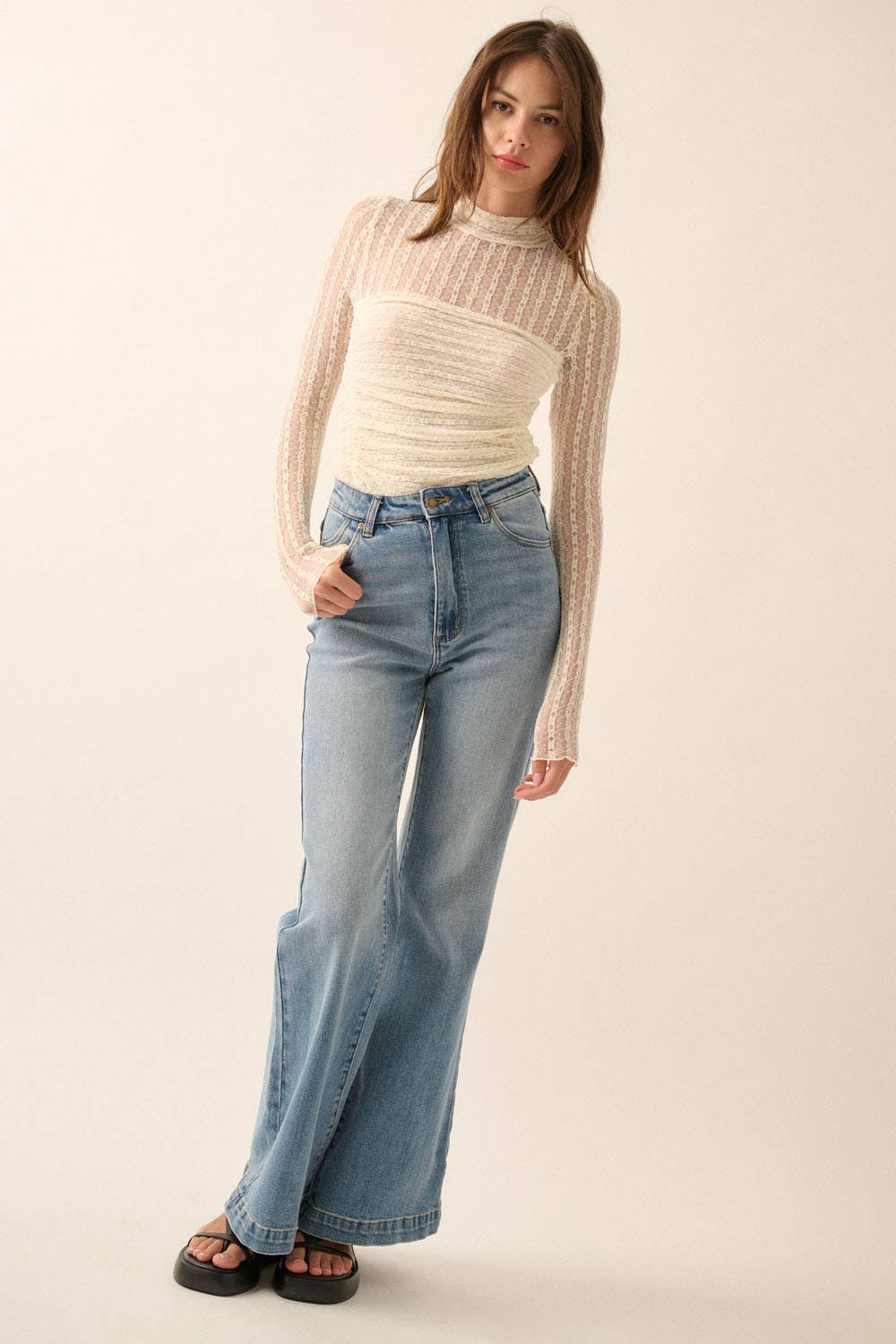 Promesa USA - Wholesale Bodysuit - Women's - Striped Floral Lace Ruched Mock-Neck Bodysuit41