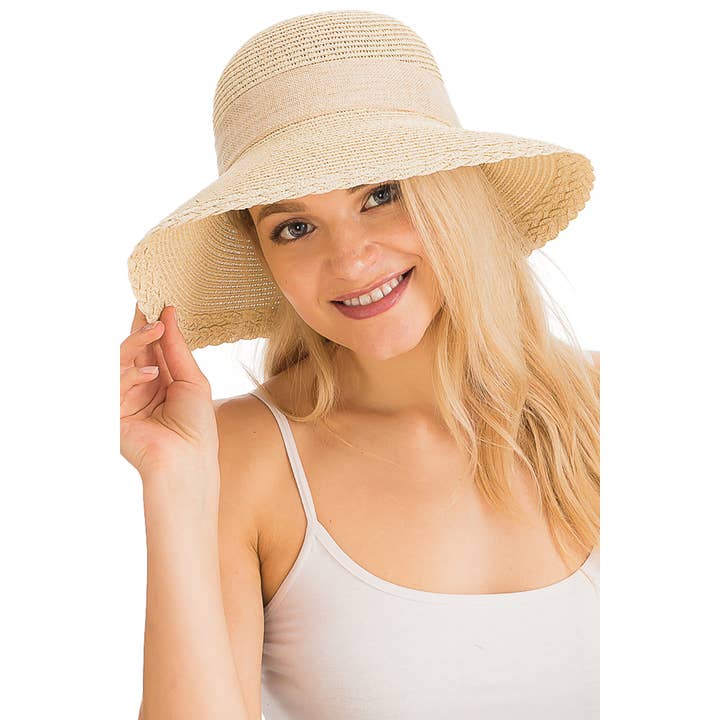 Cap Zone - Wholesale Straw Hat - Women's - Burlap Ribbon Scallop Trim Visor Derby Sun Hat
