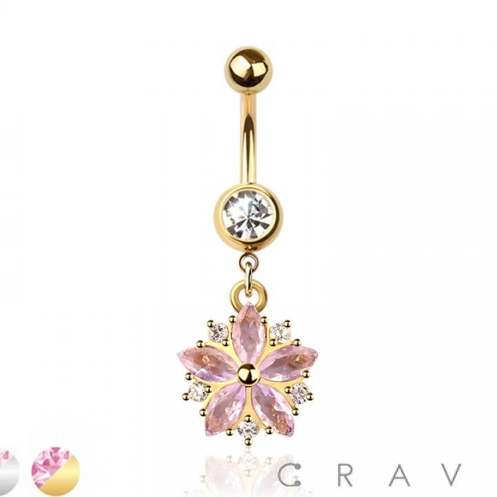 316L SURGICAL STEEL MULTI CZ SAKURA FLOWER DANGLE BELLY BUTT for wholesale by CRAVE