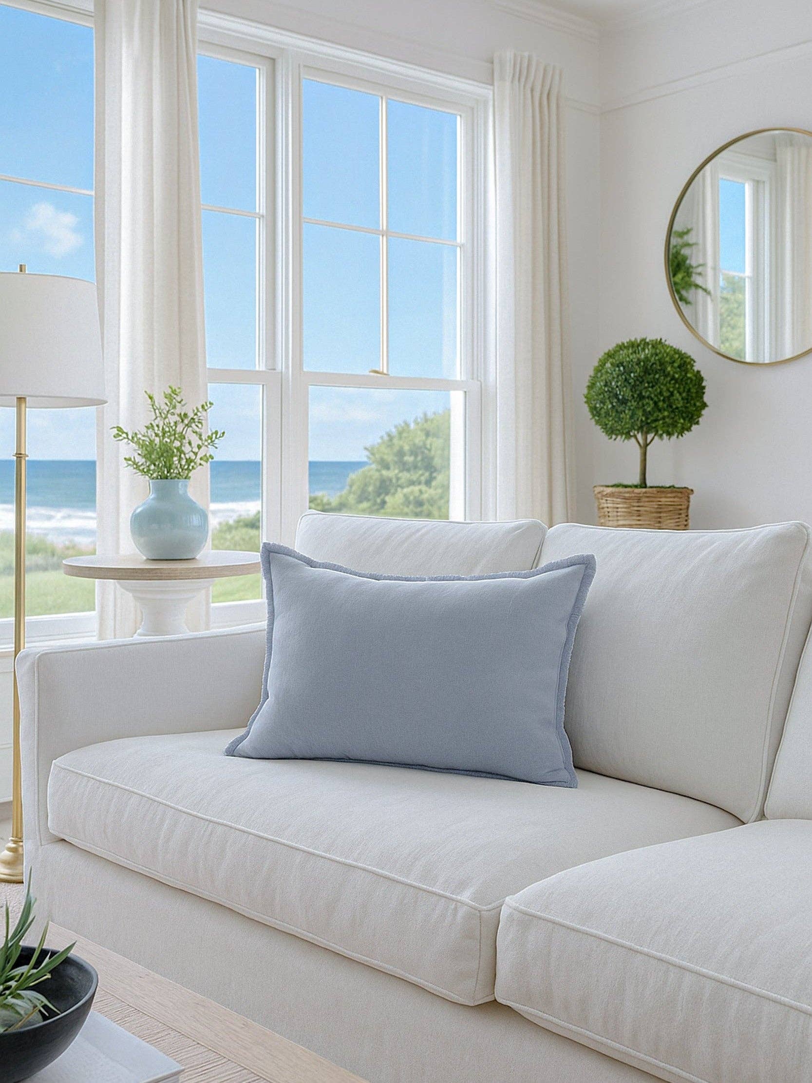 Anaya Home - Vendita all'ingrosso Cuscini decorativi - Cuscini in Lino Blu Chambray con Frange Blu3