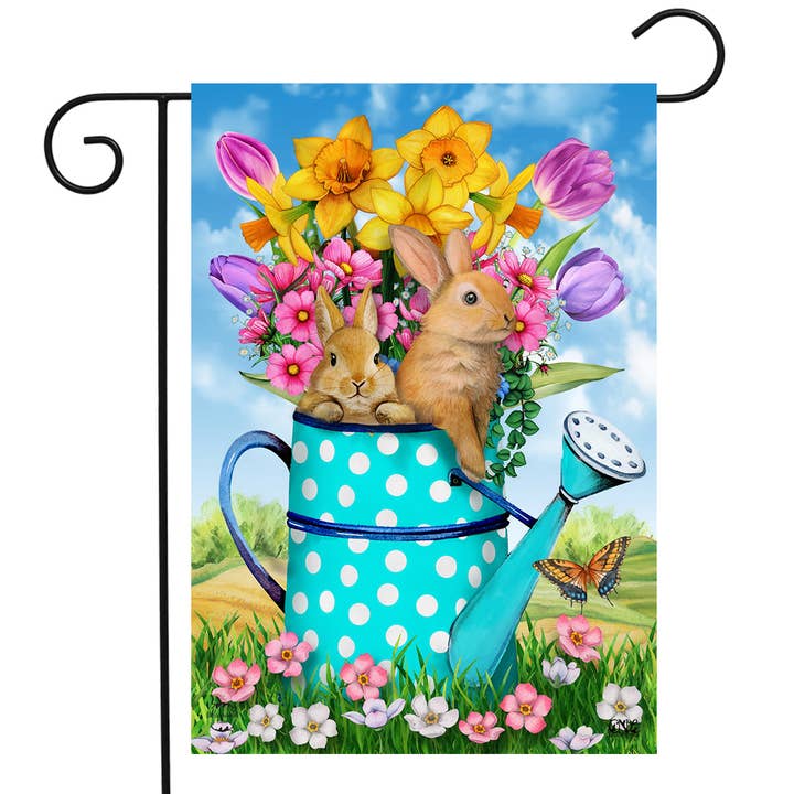 Bunny And Watering Can Spring Garden Flag for wholesale by Briarwood Lane